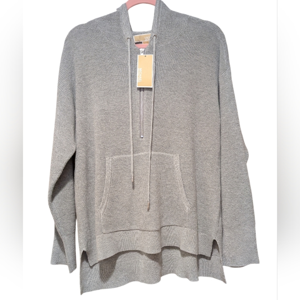 NWT Michael Kors WAFFLE knit Gray Hoodie Sz M. Kangaroo Pouch